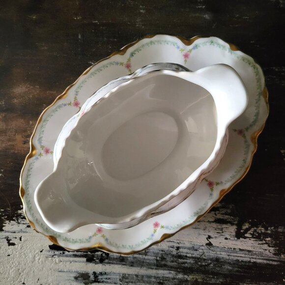 Pope Gosser Gravy Boat w/ Attached Underplate Gold Trim Pink Flower Green Swag - Picture 9 of 12